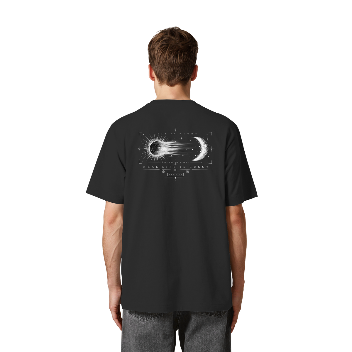 DAY // NIGHT Oversized Tee in Schwarz – Rückenprint am Model